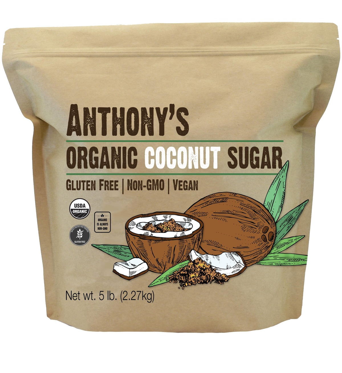 Anthony's Coconut Sugar 5lb bag showing natural golden crystals for versatile baking.