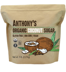 Anthony's Coconut Sugar 5lb bag showing natural golden crystals for versatile baking.