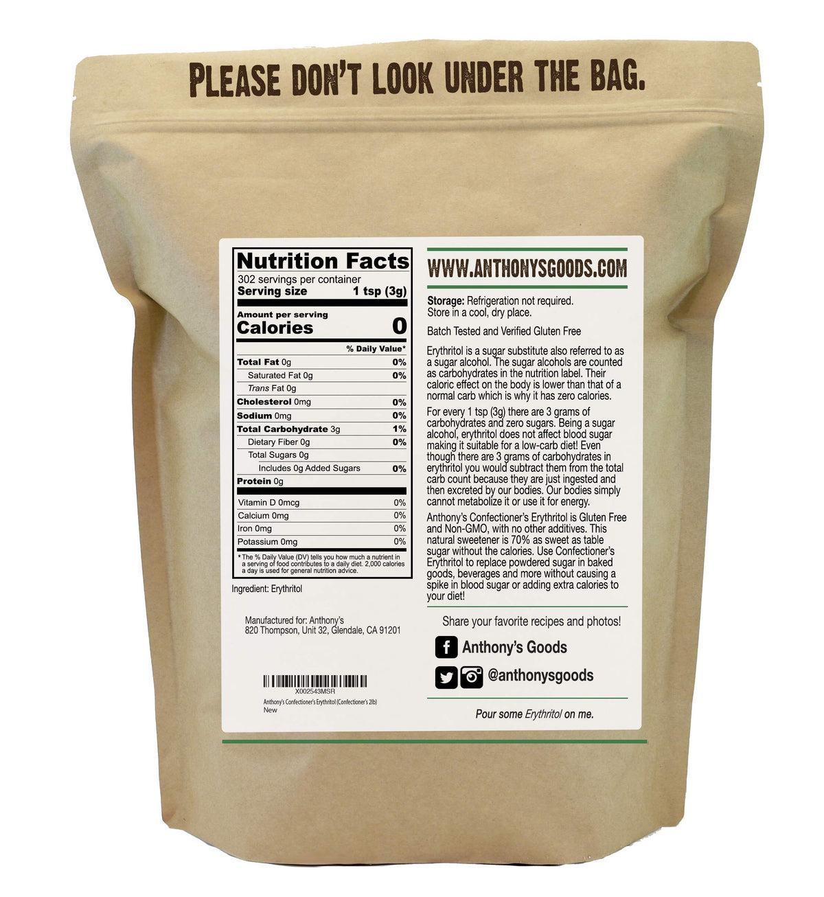 Anthony's Erythritol Powder scoop demonstrates precise low-calorie sweetness.