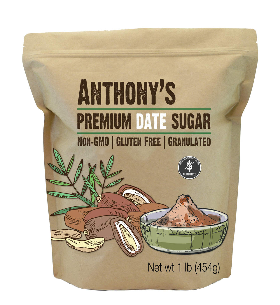 Anthony's Date Sugar 1lb packaging highlights gluten-free, vegan formula.