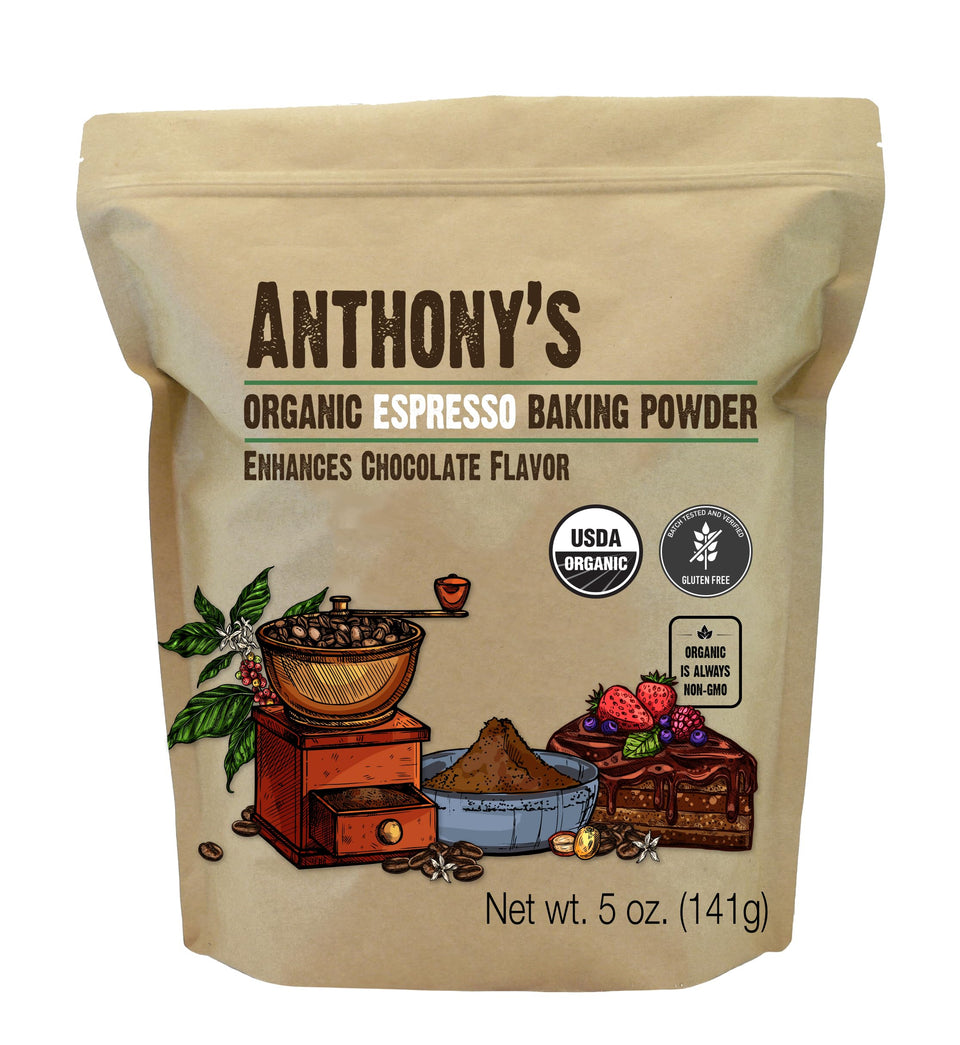 Anthony's Organic Espresso Baking Powder bottle-front highlights a premium, flavor-enhancing ingredient for chocolate desserts.