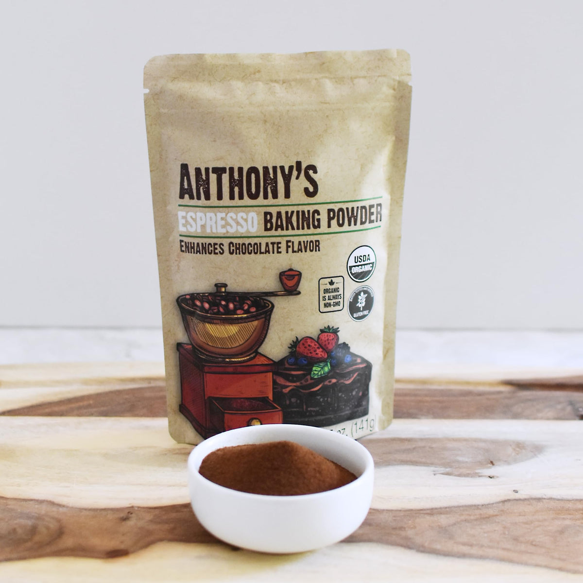 Anthony's Espresso Baking Powder kitchen-scene shows convenient, ready-to-use flavor boost for baked treats.