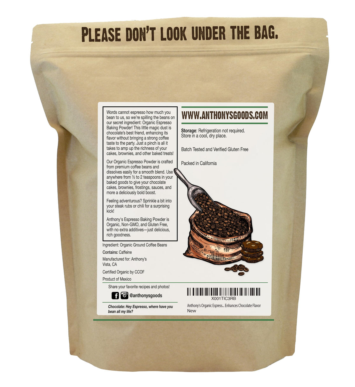 Anthony's Espresso Baking Powder label-closeup emphasizes organic, gluten-free, non-GMO quality for clean baking results.
