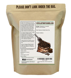 Anthony's Espresso Baking Powder label-closeup emphasizes organic, gluten-free, non-GMO quality for clean baking results.