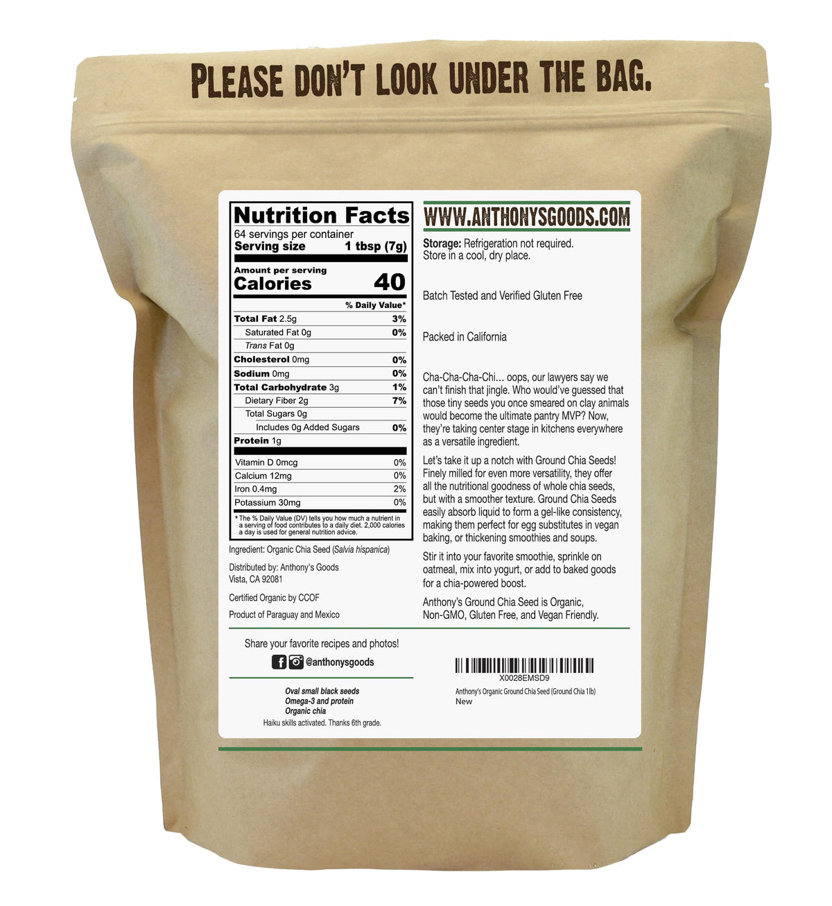 Anthony's finely ground chia seed powder, smooth texture ideal for thickening.