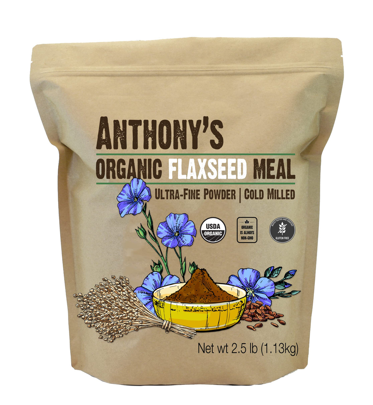 Anthony's flaxseed meal packaging closeup highlighting organic certification