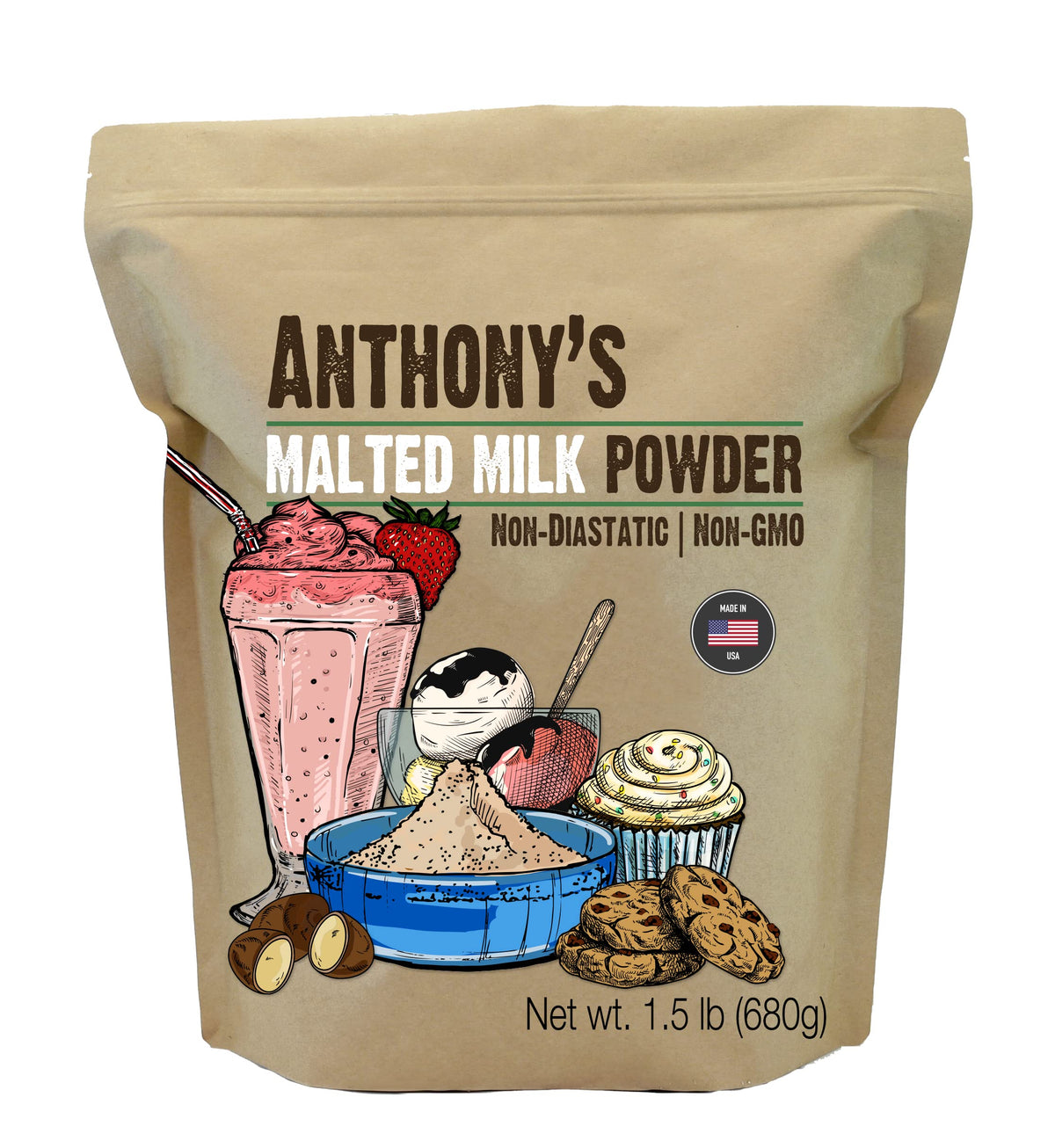 Anthony's Malted Milk Powder 1.5lb bag for shakes and baking.