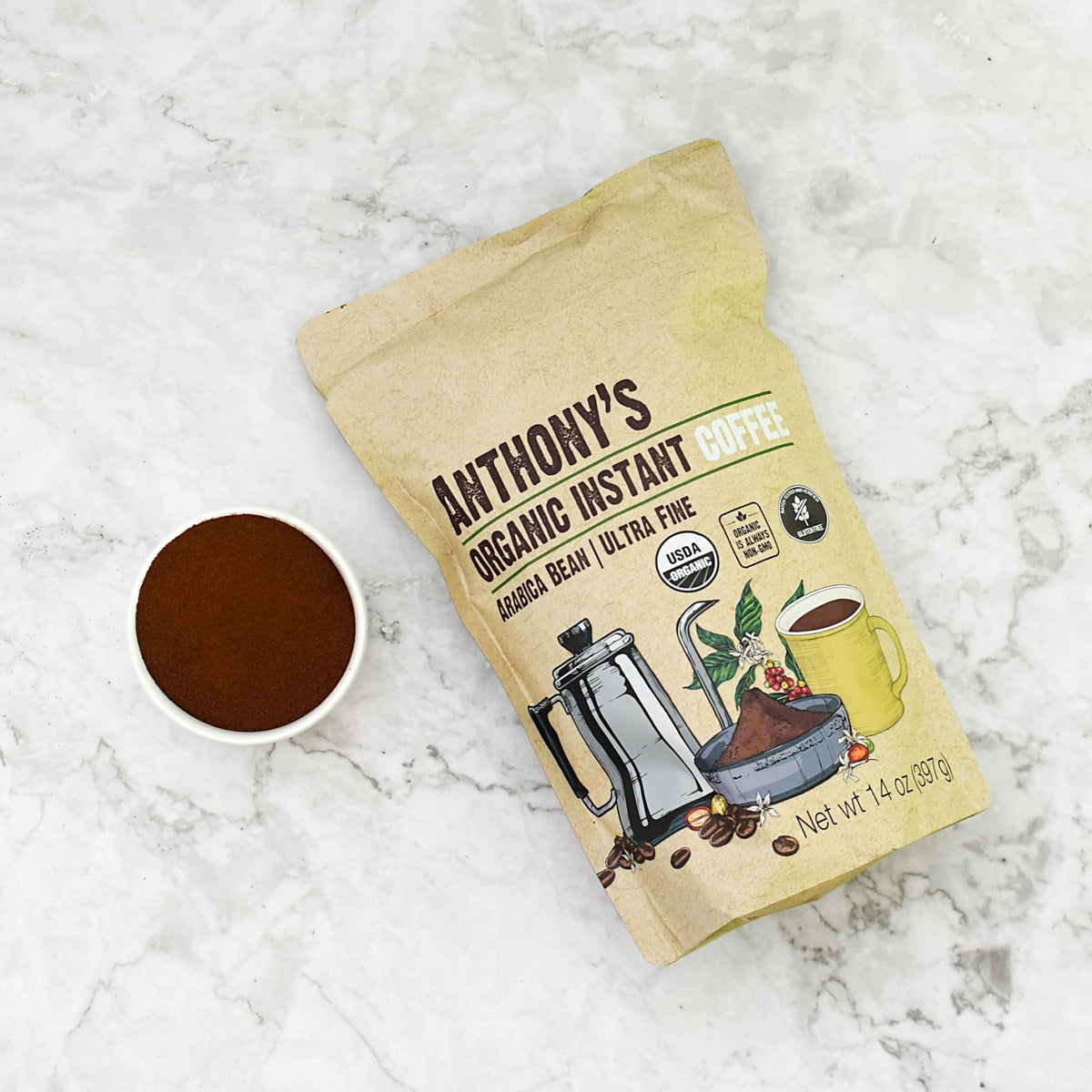 Anthony's microground coffee dissolving in water for quick cups.