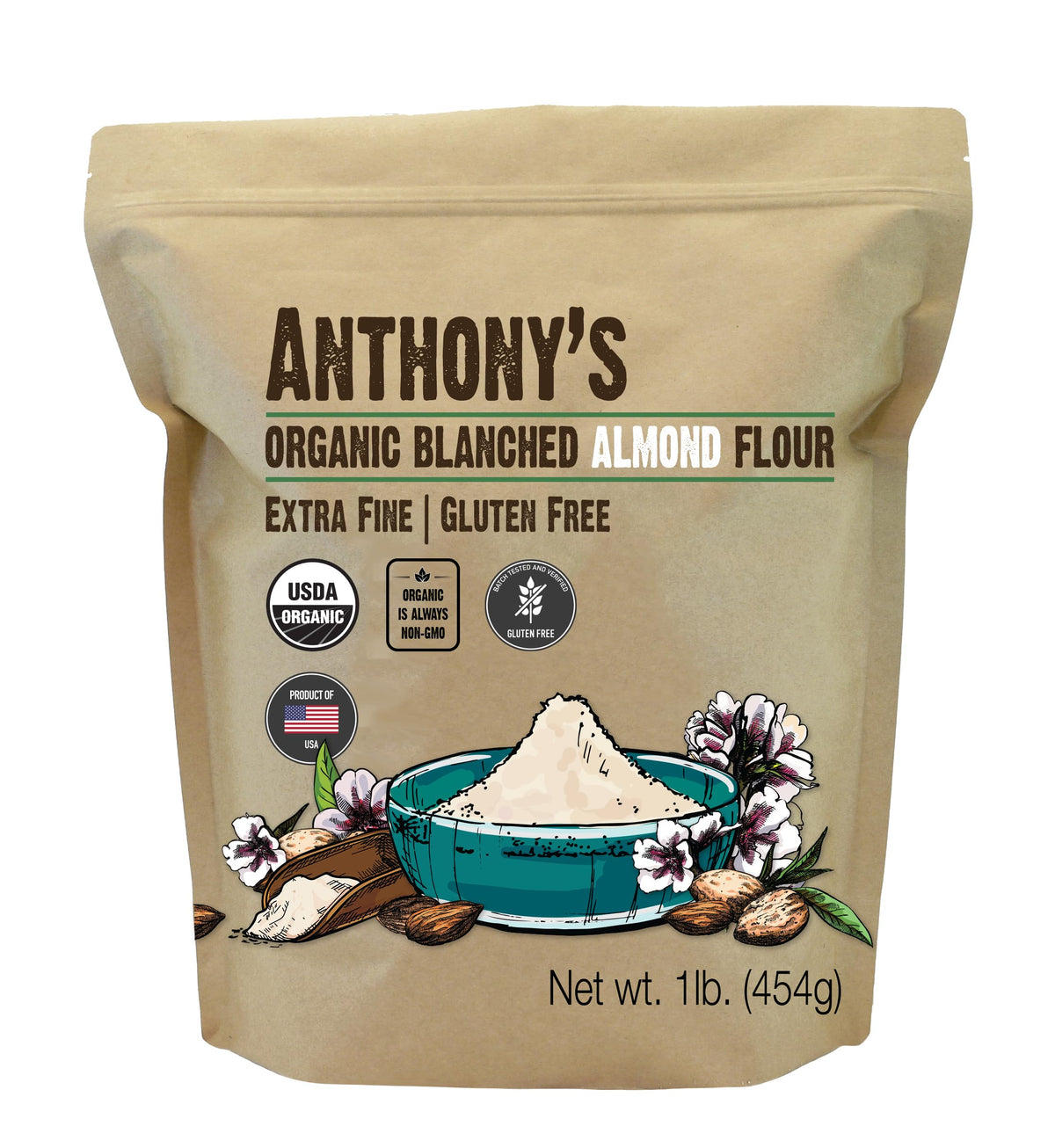 Anthony's Organic Almond Flour bag poured, ideal for gluten-free baking