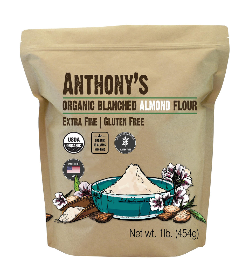 Anthony's Organic Almond Flour bag poured, ideal for gluten-free baking