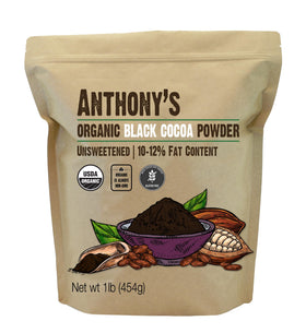 Anthony's Organic Black Cocoa Powder packaging highlights organic and gluten-free certification