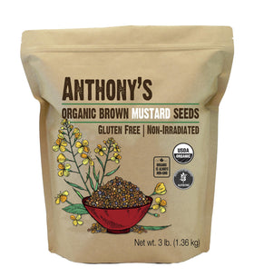 Anthony's Organic Brown Mustard Seeds in a 3lb bag with rich aroma and peppery bite.