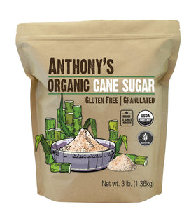 Anthony's Organic Cane Sugar granulated crystals in bag for baking.