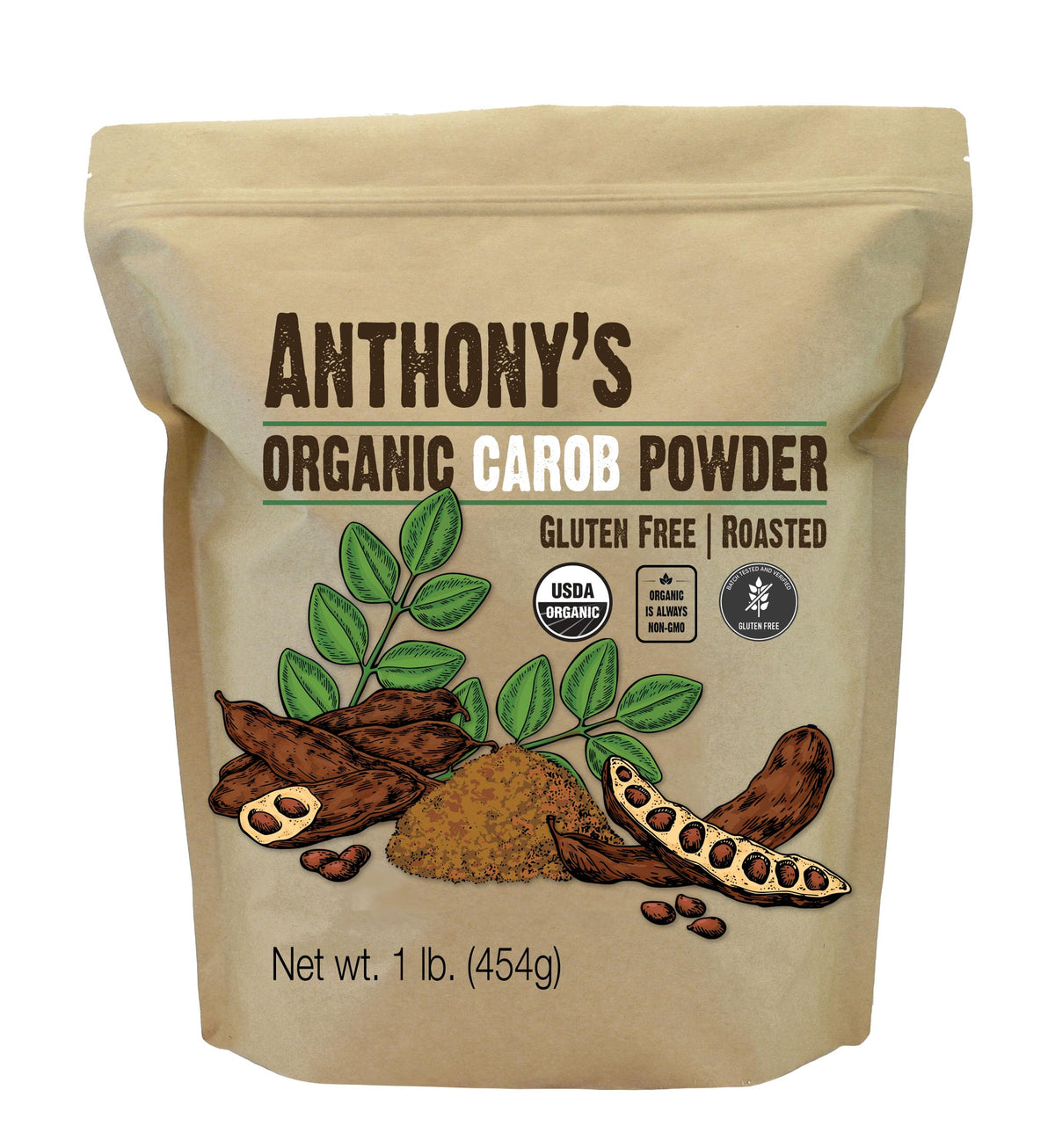Anthony's Organic Carob Powder jar close-up, rich aroma for baking