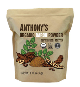 Anthony's Organic Carob Powder jar close-up, rich aroma for baking