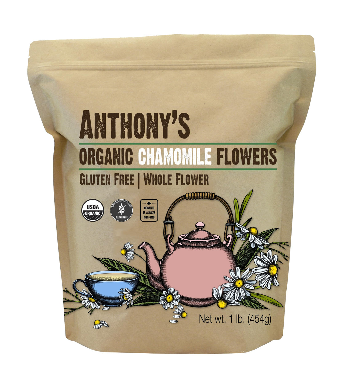 Anthony's Organic Chamomile Flowers packaged for tea and blends.