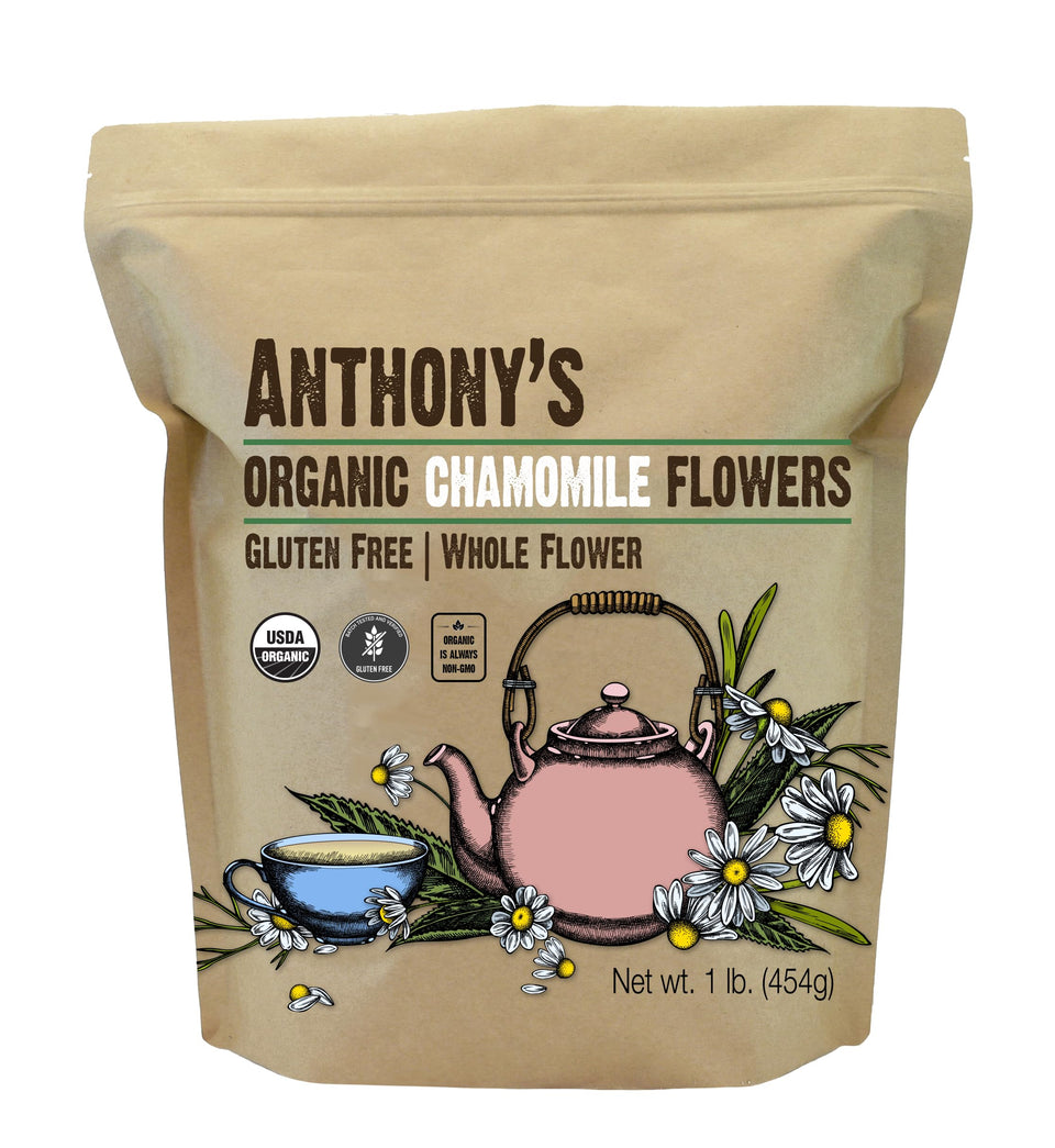 Anthony's Organic Chamomile Flowers packaged for tea and blends.