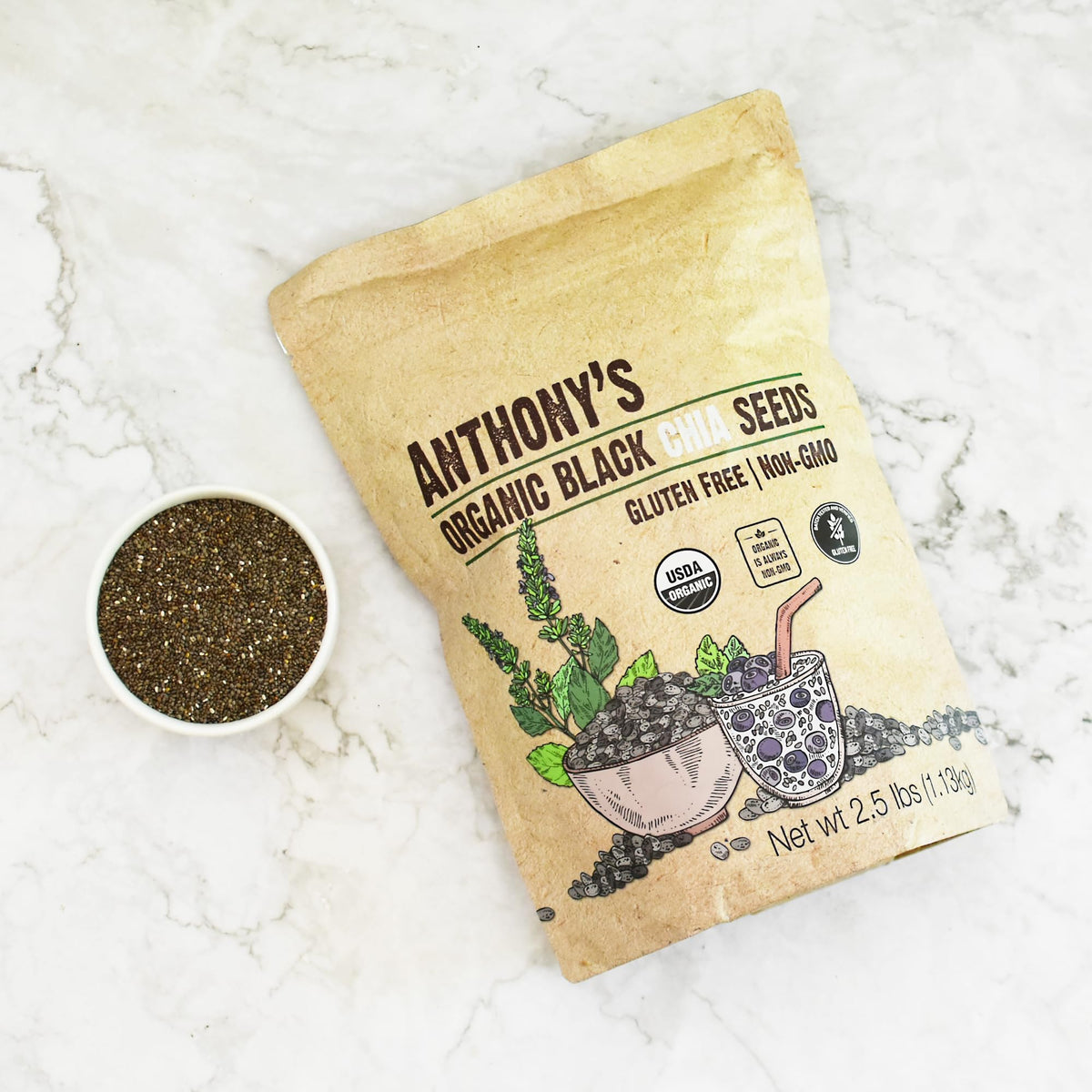 Anthony's Organic Chia Seeds packaging in California—ensures freshness for meals