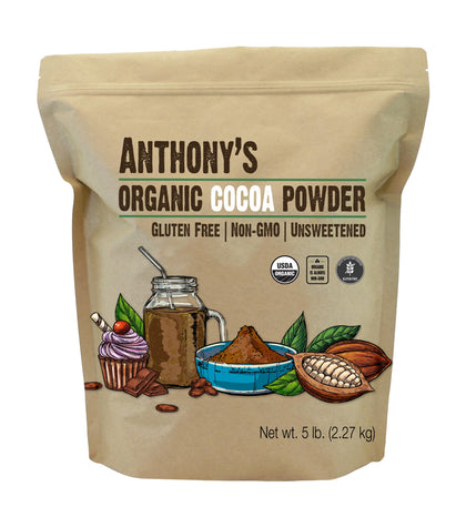 Anthony's Organic Cocoa Powder in a jar for rich unsweetened baking.