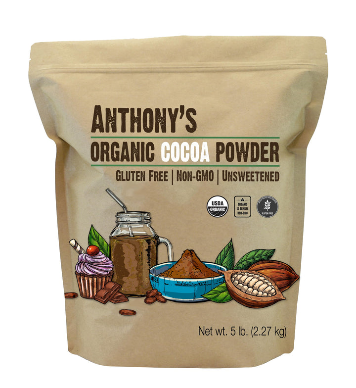 Anthony's Organic Cocoa Powder in a jar for rich unsweetened baking.
