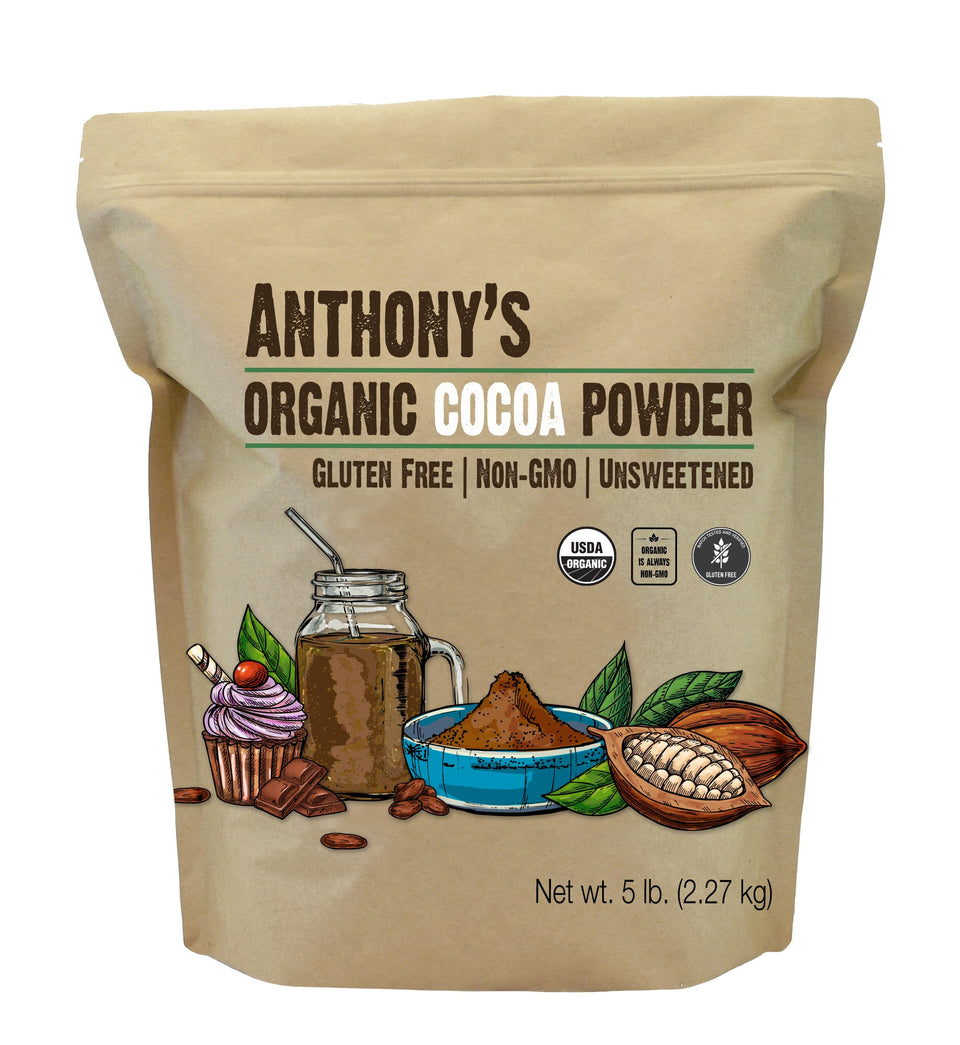 Anthony's Organic Cocoa Powder in a jar for rich unsweetened baking.