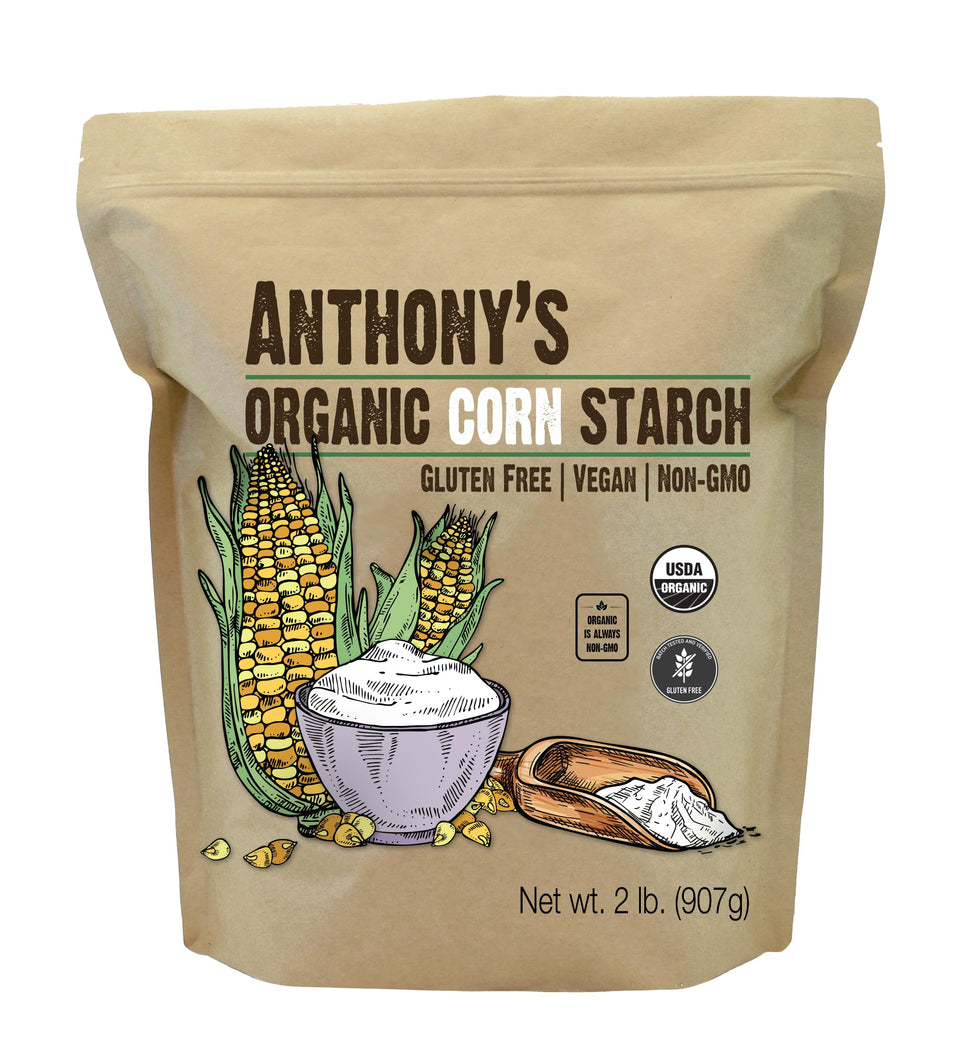 Anthony's Organic Corn Starch packaging close-up, highlighting gluten-free cooking and thickening.