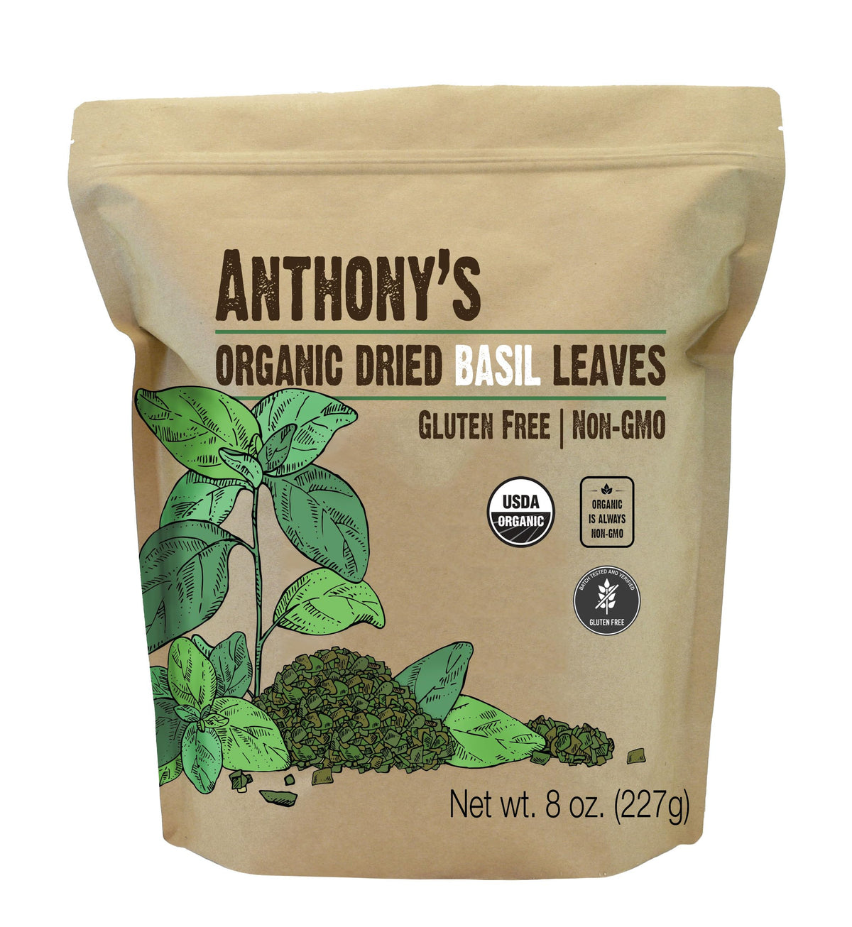 Anthony's Organic Dried Basil Leaves close-up with vibrant green flakes for fresh seasoning.