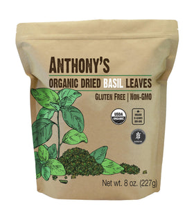 Anthony's Organic Dried Basil Leaves close-up with vibrant green flakes for fresh seasoning.