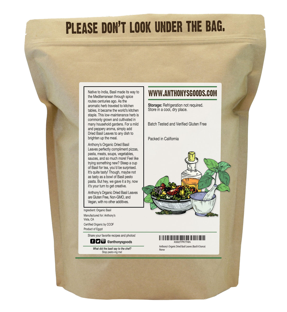 Anthony's Organic Dried Basil Leaves front-pack image ideal for pantry storage and quick seasoning.