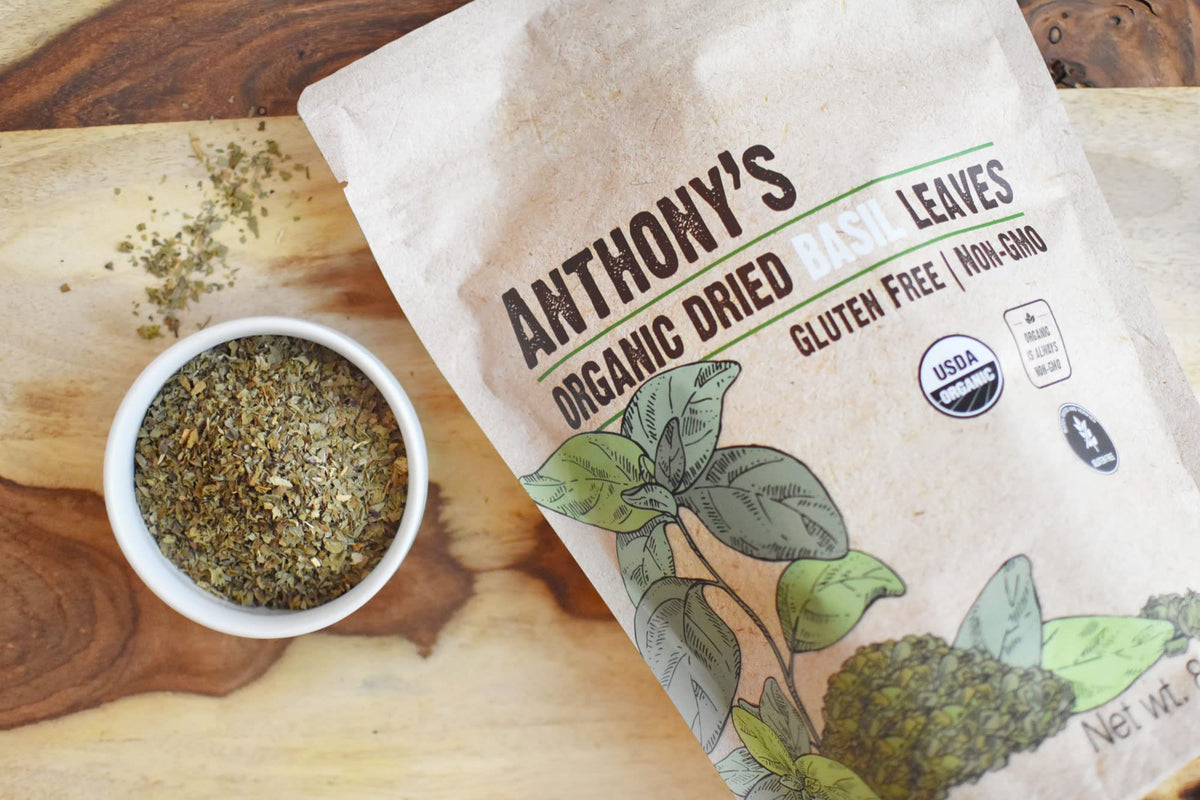 Anthony's Organic Basil Leaves with gluten-free and non-GMO assurance for careful cooking.