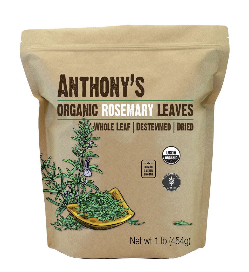 Anthony's Organic Dried Rosemary Leaves bottle showcases premium aroma for roasting.