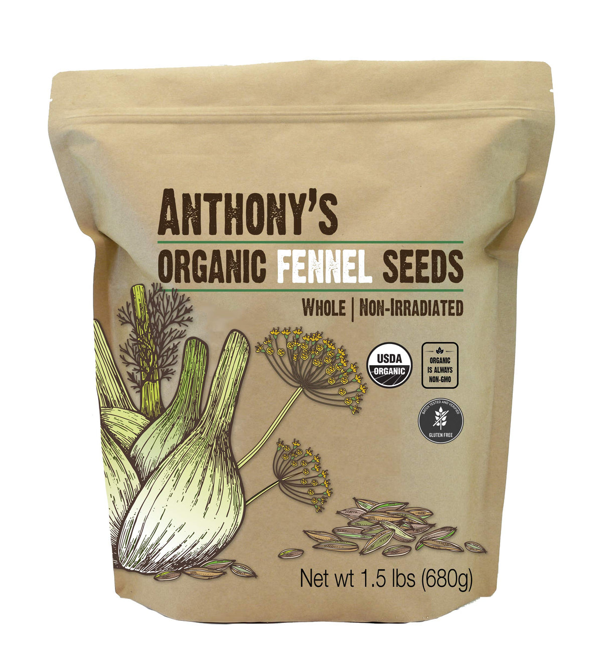 Anthony's Organic Fennel Seeds in a glass jar offer fresh aroma for spice blends.