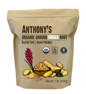 Anthony's Organic Ground Ginger Root pack labeled for gluten-free cooking.