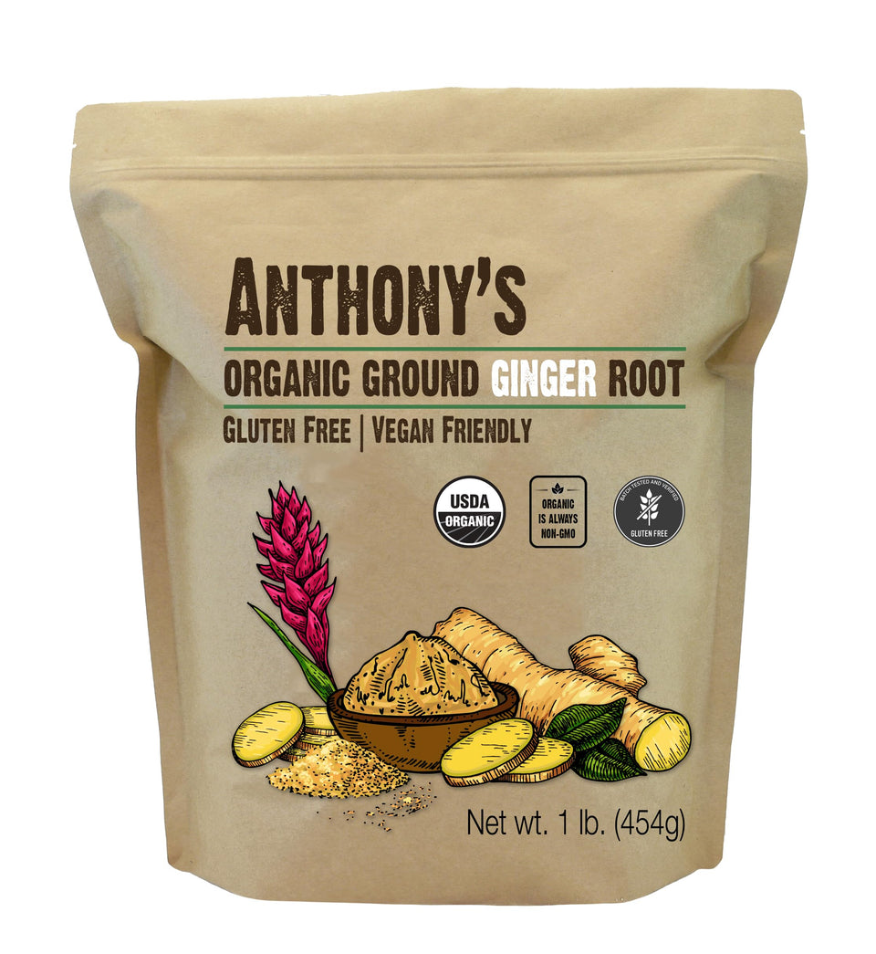 Anthony's Organic Ground Ginger Root pack labeled for gluten-free cooking.