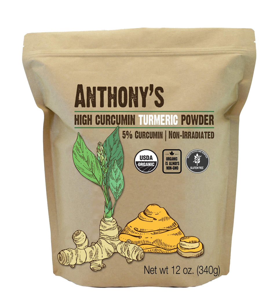 Anthony's Organic High Curcumin Turmeric Powder bottle, gluten-free and ready for cooking