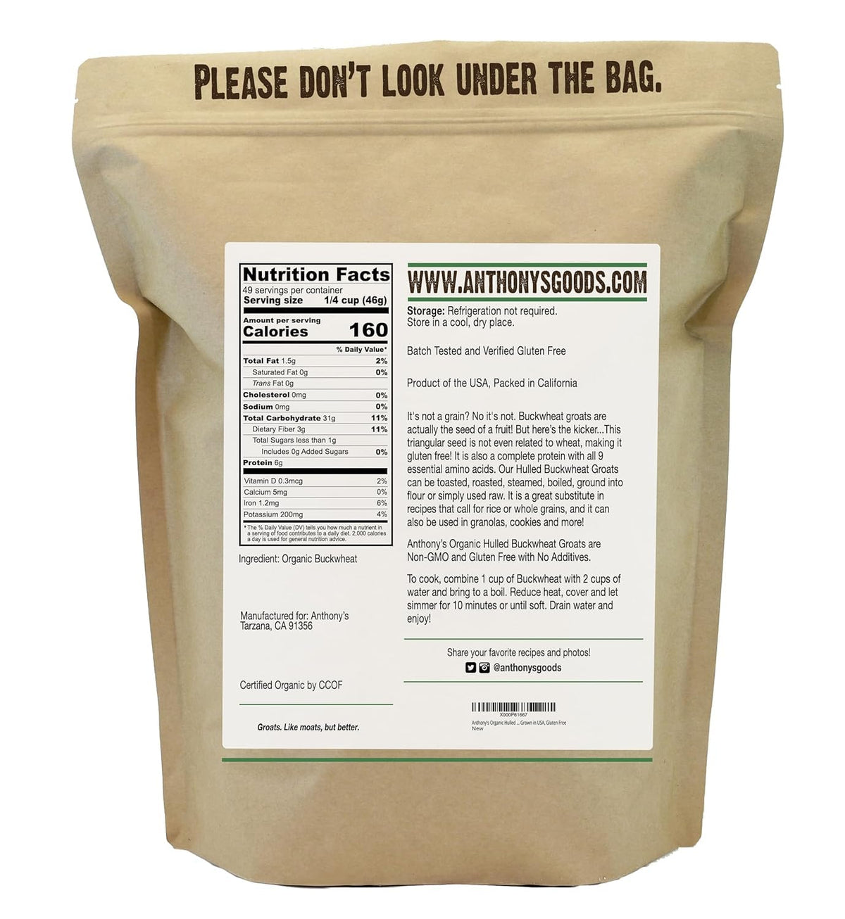 Anthony's buckwheat groats bag highlights batch-tested gluten-free quality