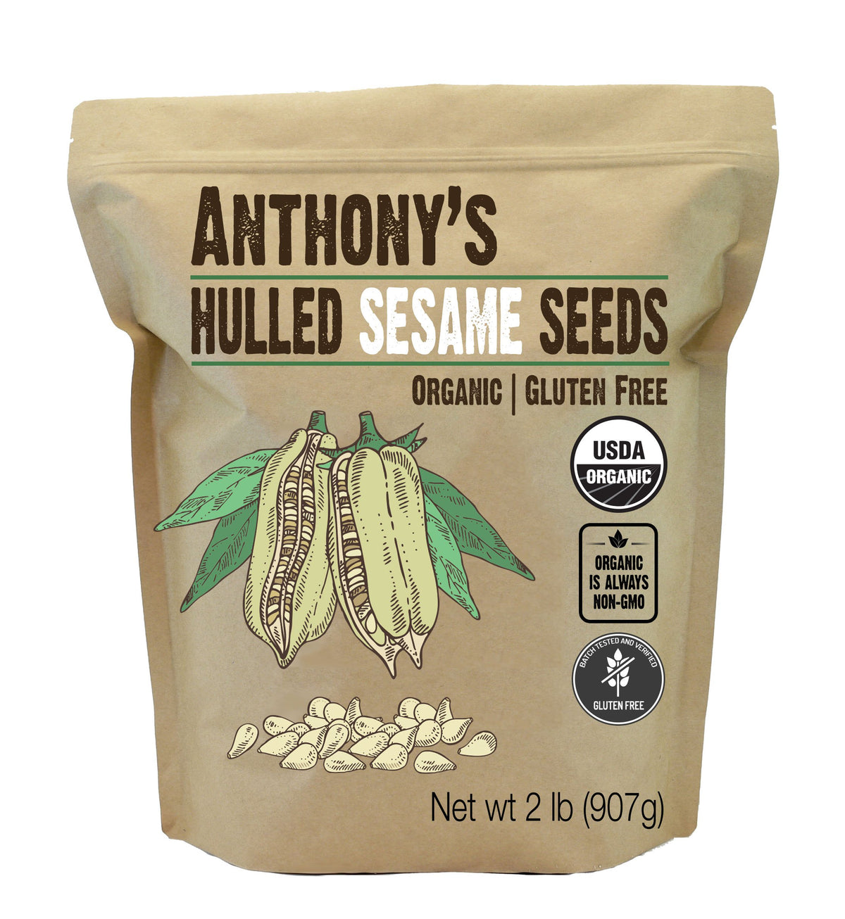 Anthony's Organic Hulled Sesame Seeds bag close-up, ideal for baking and toppings