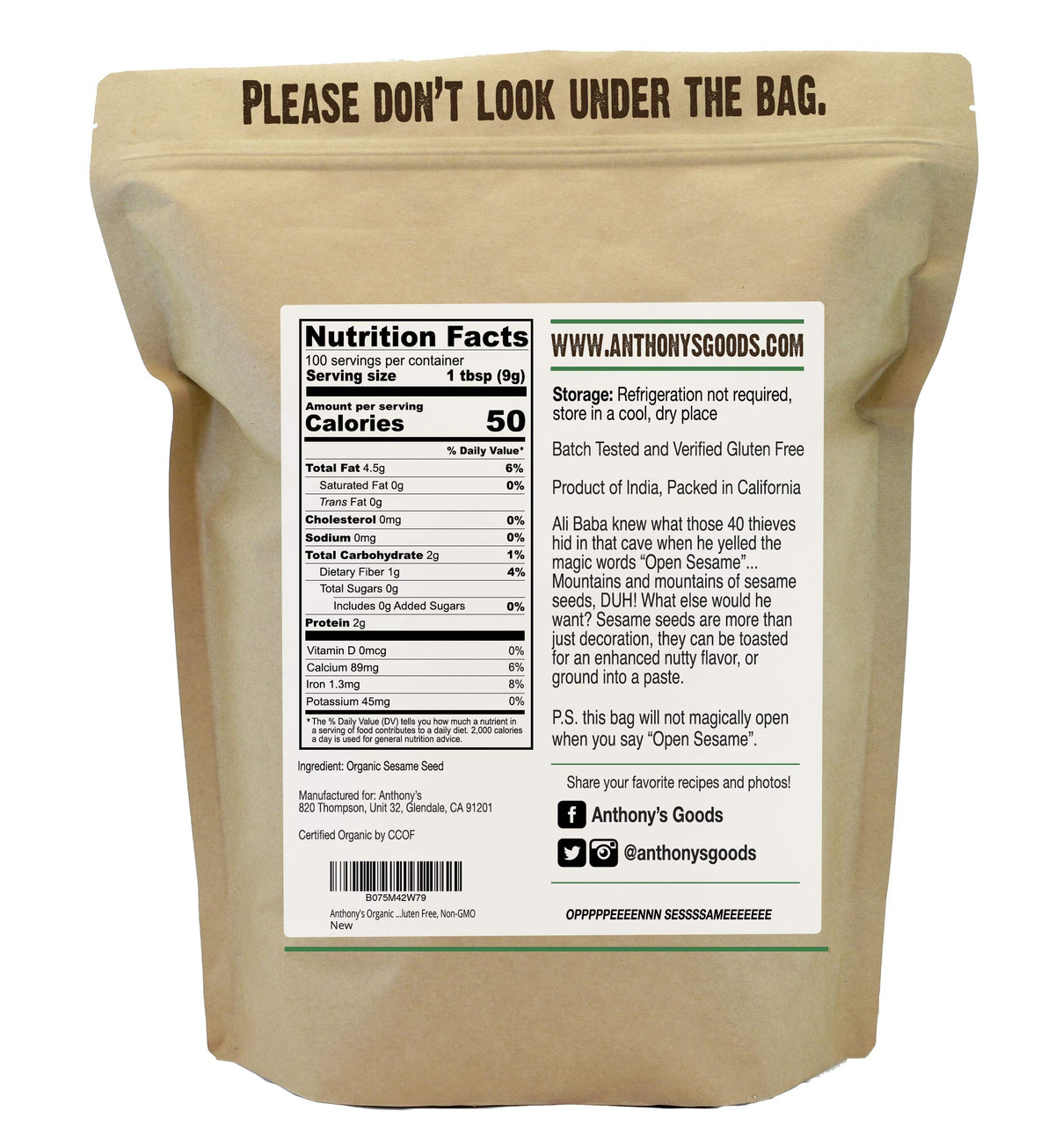 Anthony's Organic Hulled Sesame Seeds label close-up highlighting organic, gluten-free quality