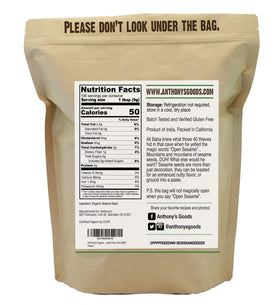 Anthony's Organic Hulled Sesame Seeds label close-up highlighting organic, gluten-free quality