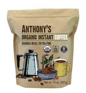 Anthony's Organic Instant Coffee 14oz jar for quick, flavorful mornings.