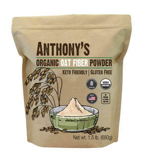 Anthony's Organic Oat Fiber bottle front for gluten-free baking and keto-friendly recipes.