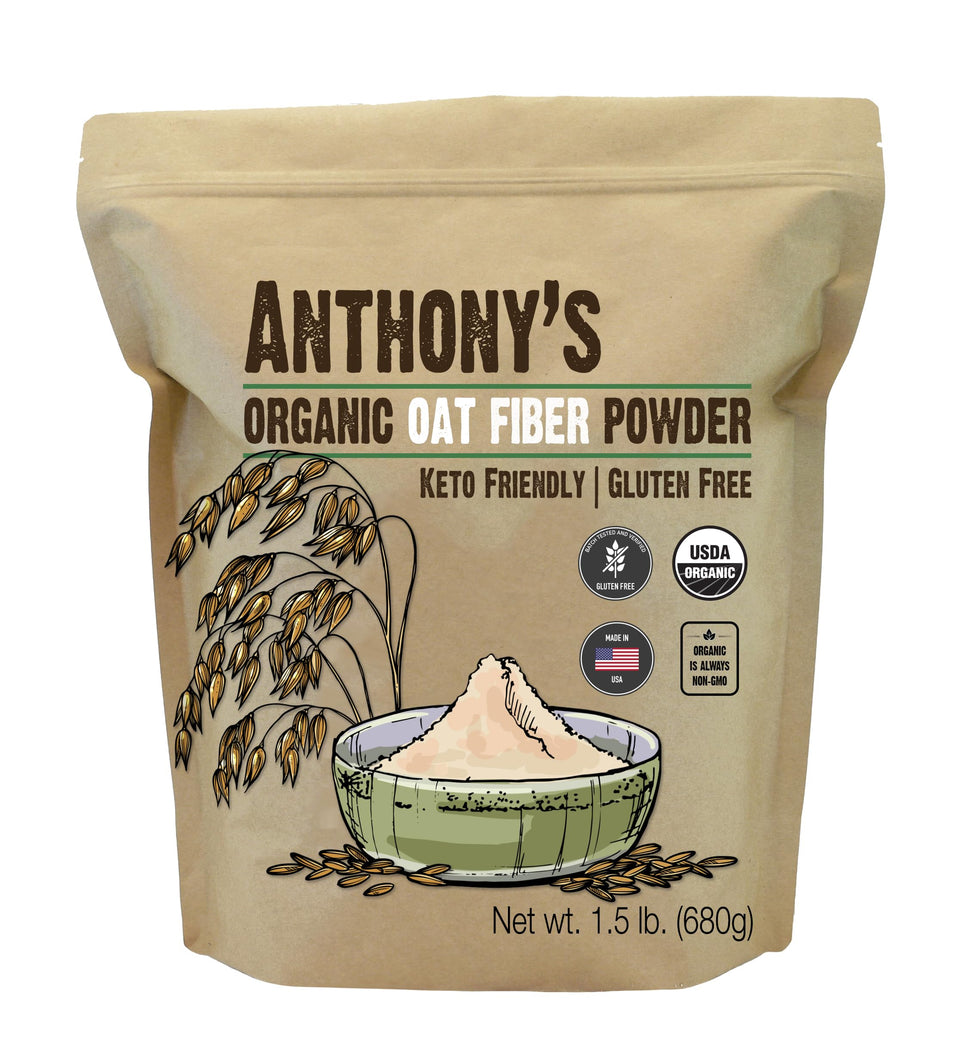 Anthony's Organic Oat Fiber bottle front for gluten-free baking and keto-friendly recipes.