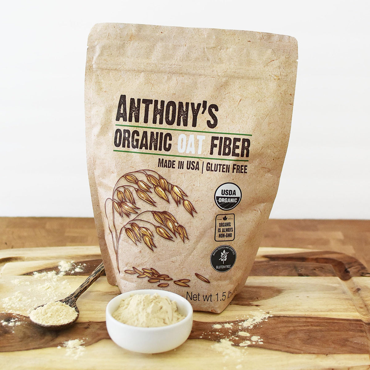 Anthony's Organic Oat Fiber package back with organic and gluten-free notes.