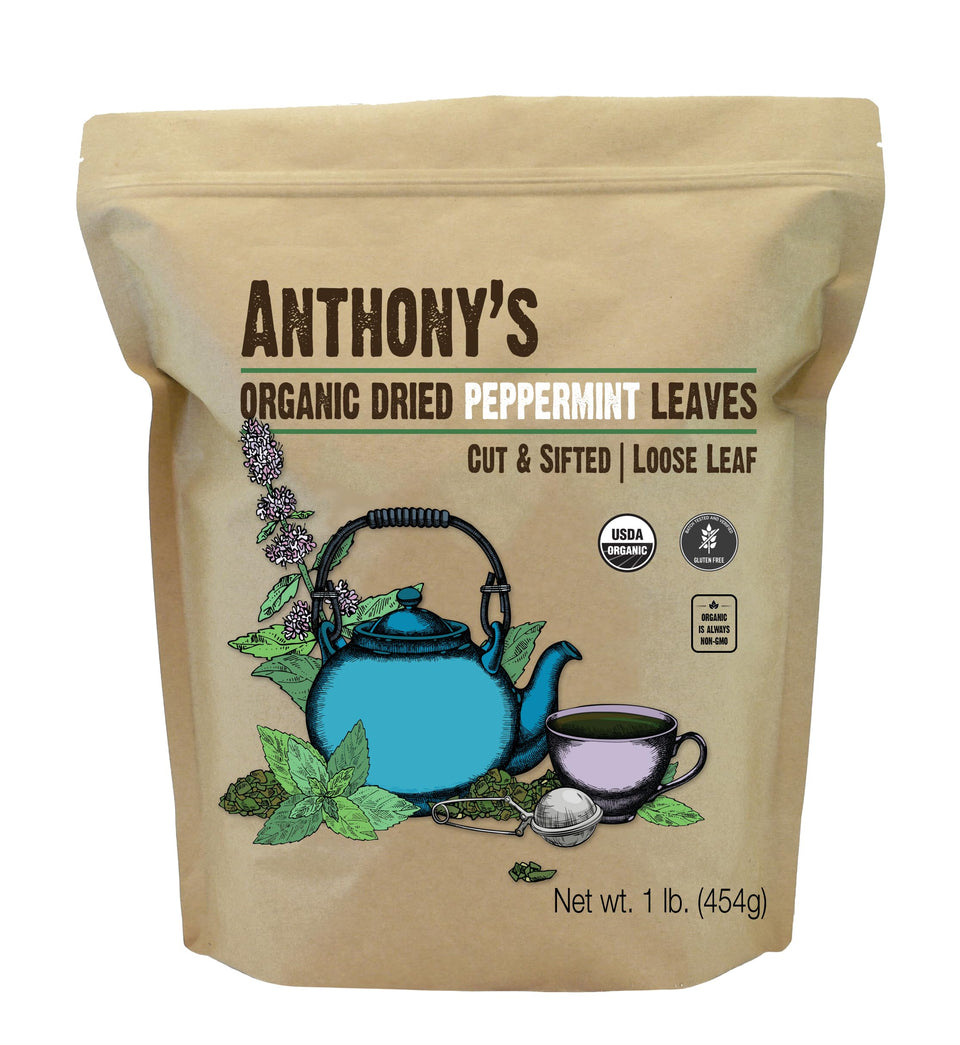Anthony's Organic peppermint leaves bag front with fresh aroma for herbal tea