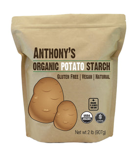 Anthony's Organic Potato Starch bottle front shows gluten-free and non-GMO labeling.
