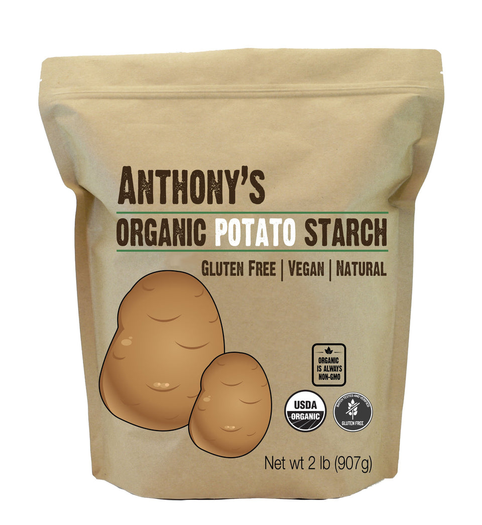 Anthony's Organic Potato Starch bottle front shows gluten-free and non-GMO labeling.