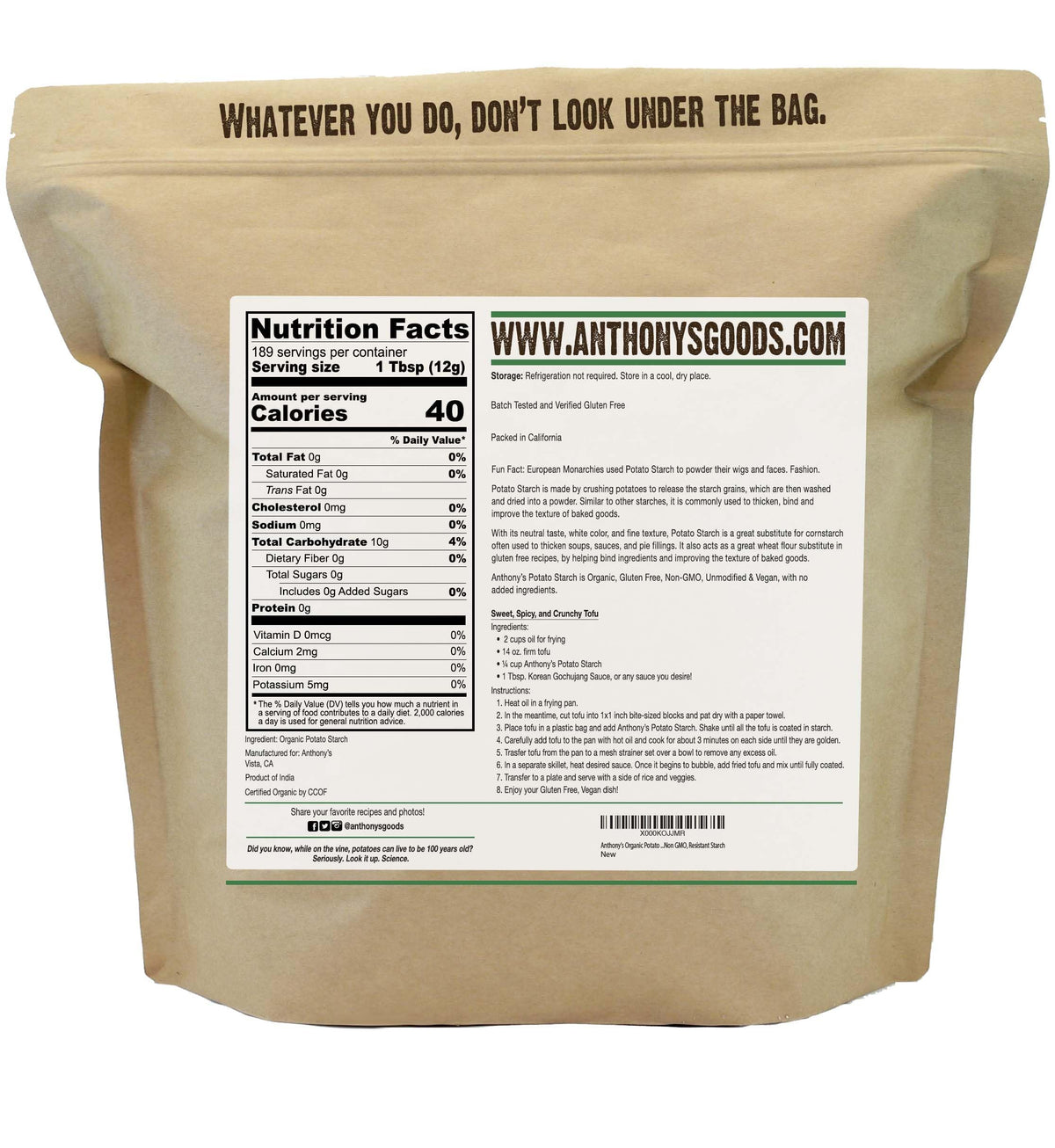Anthony's Organic Potato Starch with measuring spoon, ideal for baking texture and binding