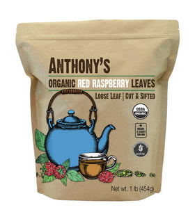 Anthony's Organic Red Raspberry Leaves 1lb bag on counter, caffeine-free tea.