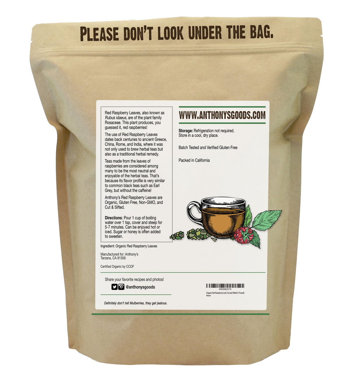 Anthony's Organic Red Raspberry Leaves cut and sifted texture for easy brewing.