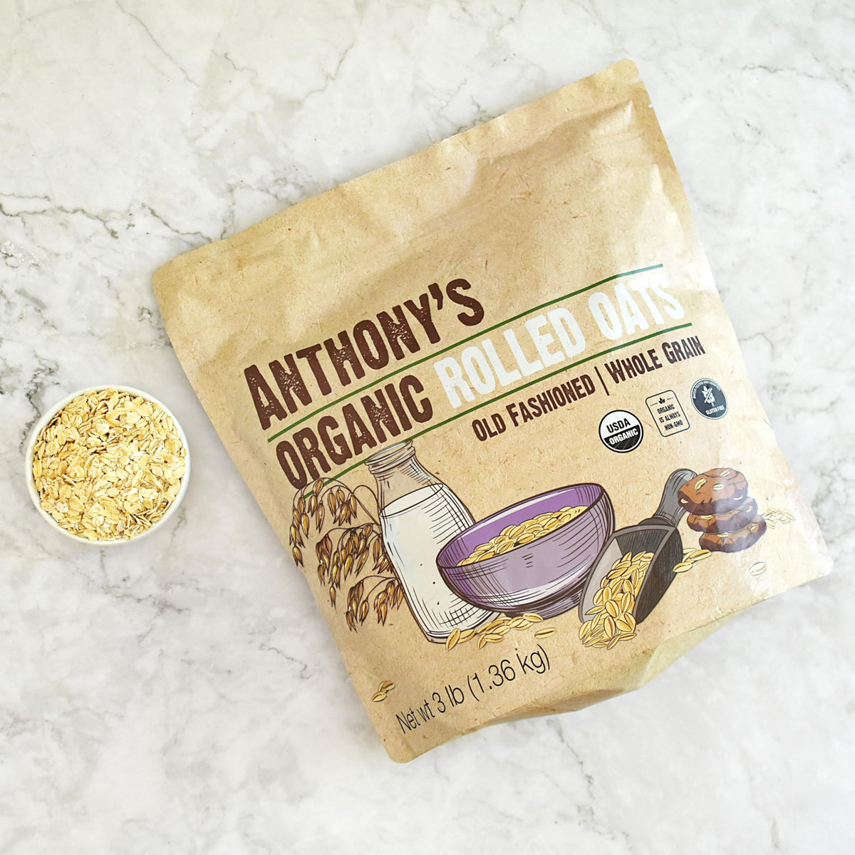 Bag of Anthony's Organic Rolled Oats on kitchen counter